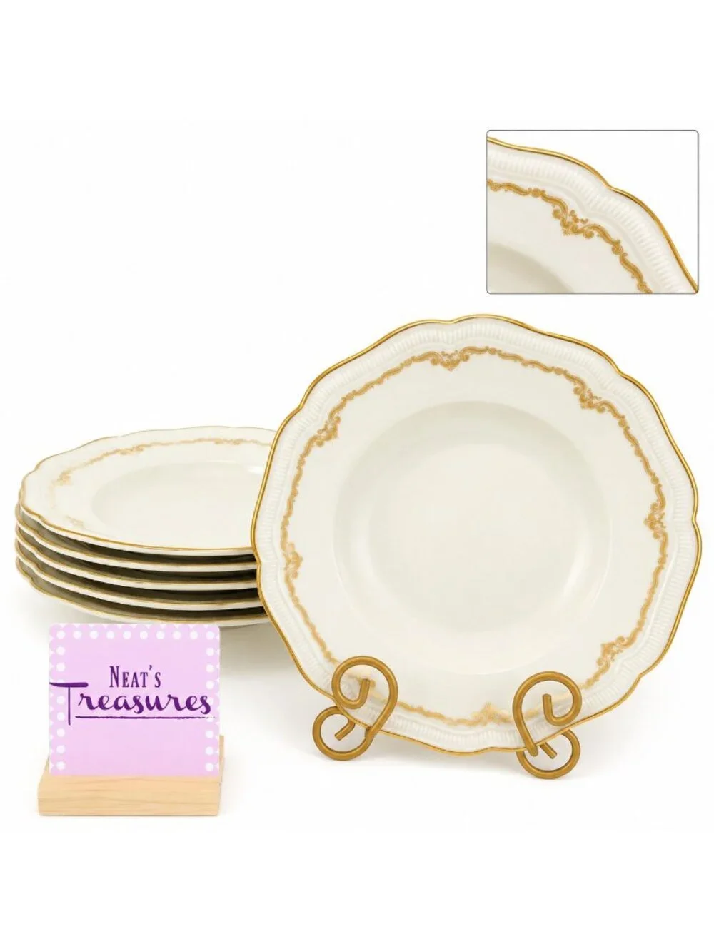 Hutschenreuther Selb WEIMAR Bavaria Germany Gold Large Rim Soup Pasta Bowl Set 6